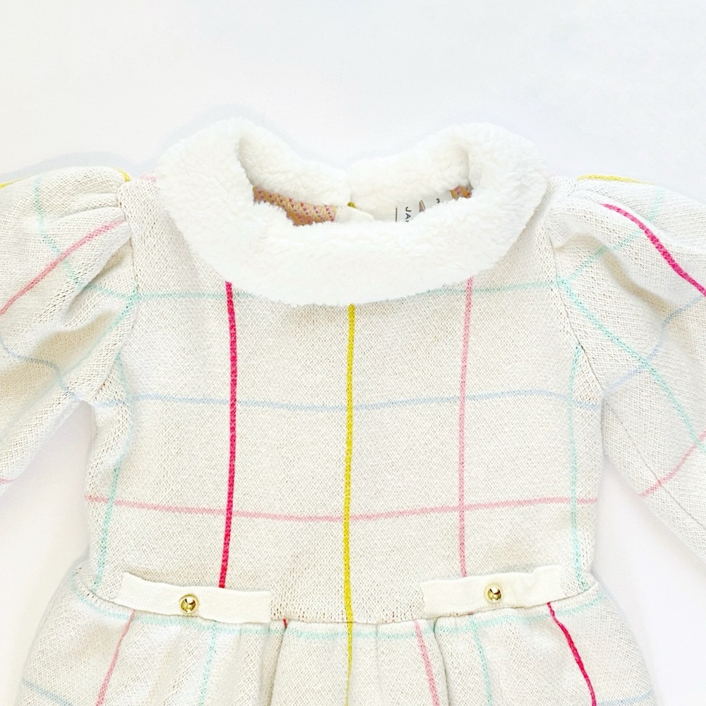 JANIE AND JACK WHITE PINK BLUE STRIPE FUR TRIM COLLAR PUFF SLEEVE SWEATER DRESS - Picture 2 of 7